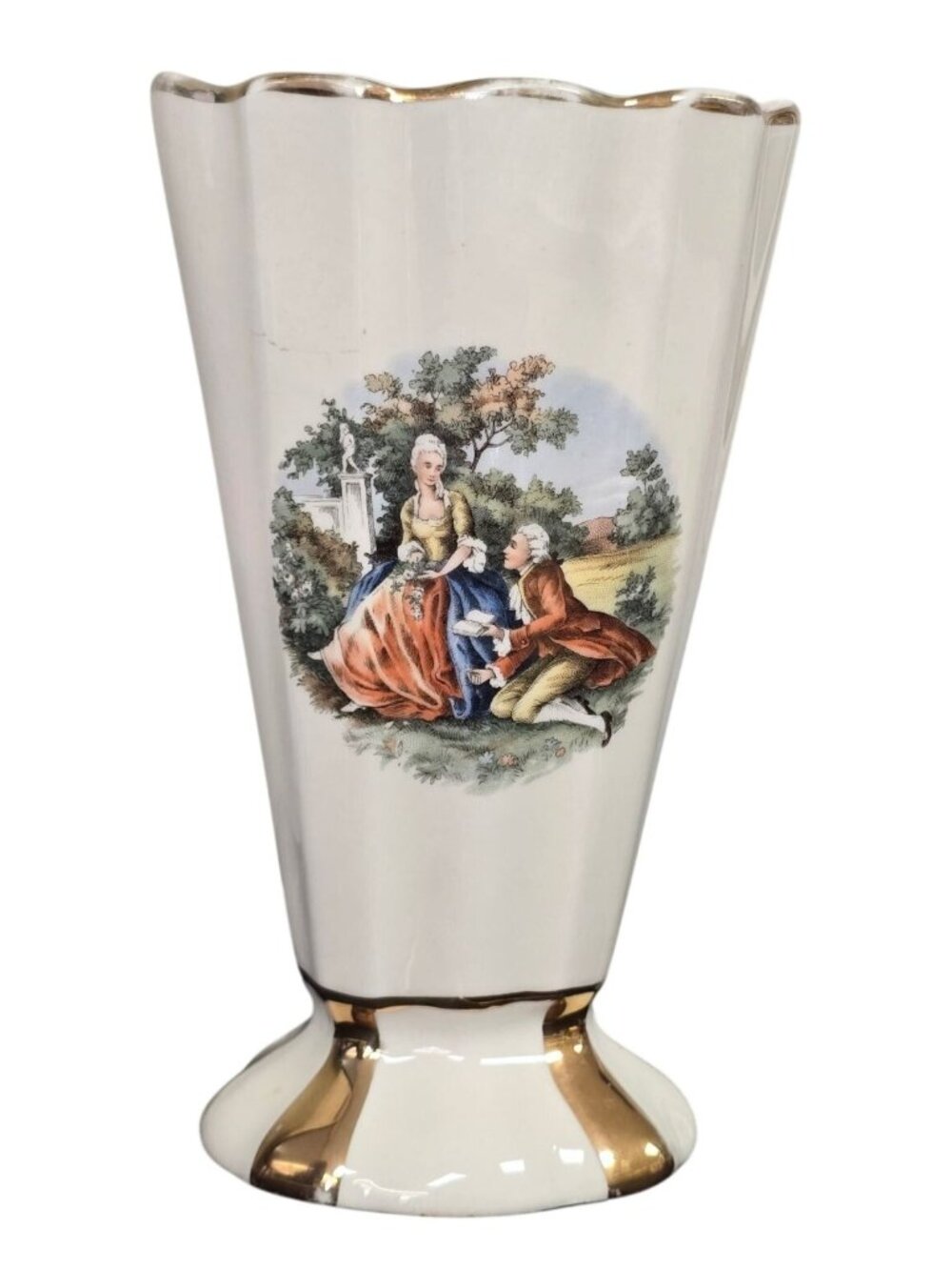 Vintage Porcelain Vase 7.5" Romantic Couple Scene Gold Trim Scalloped Rim
